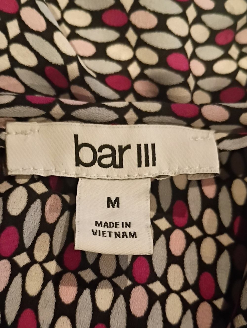 Bar III Black Blouse with Pink, Gray, Fushia and Cream Moonstone Dot Print